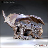 Blue Dragon Wyrmling 04 by Novaminis — small dragon crouching low with wings half-spread, head thrust forward, jaws open showing serrated fangs, single spiralling horn, heavy scale texture across chest and flanks.