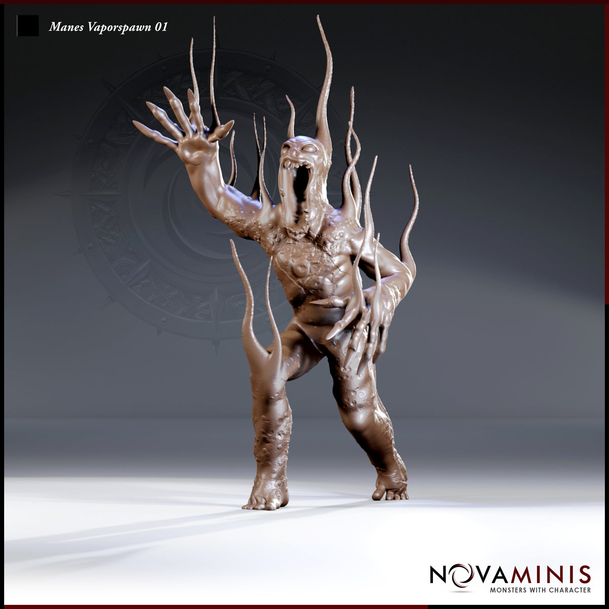 Manes Vaporspawn 01 by Novaminis — muscular demon lunging forward, one arm raised with splayed clawed fingers, mouth wide open in a scream, long whip-like tendrils erupting from head and shoulders.