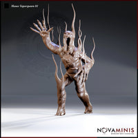 Manes Vaporspawn 01 by Novaminis — muscular demon lunging forward, one arm raised with splayed clawed fingers, mouth wide open in a scream, long whip-like tendrils erupting from head and shoulders.