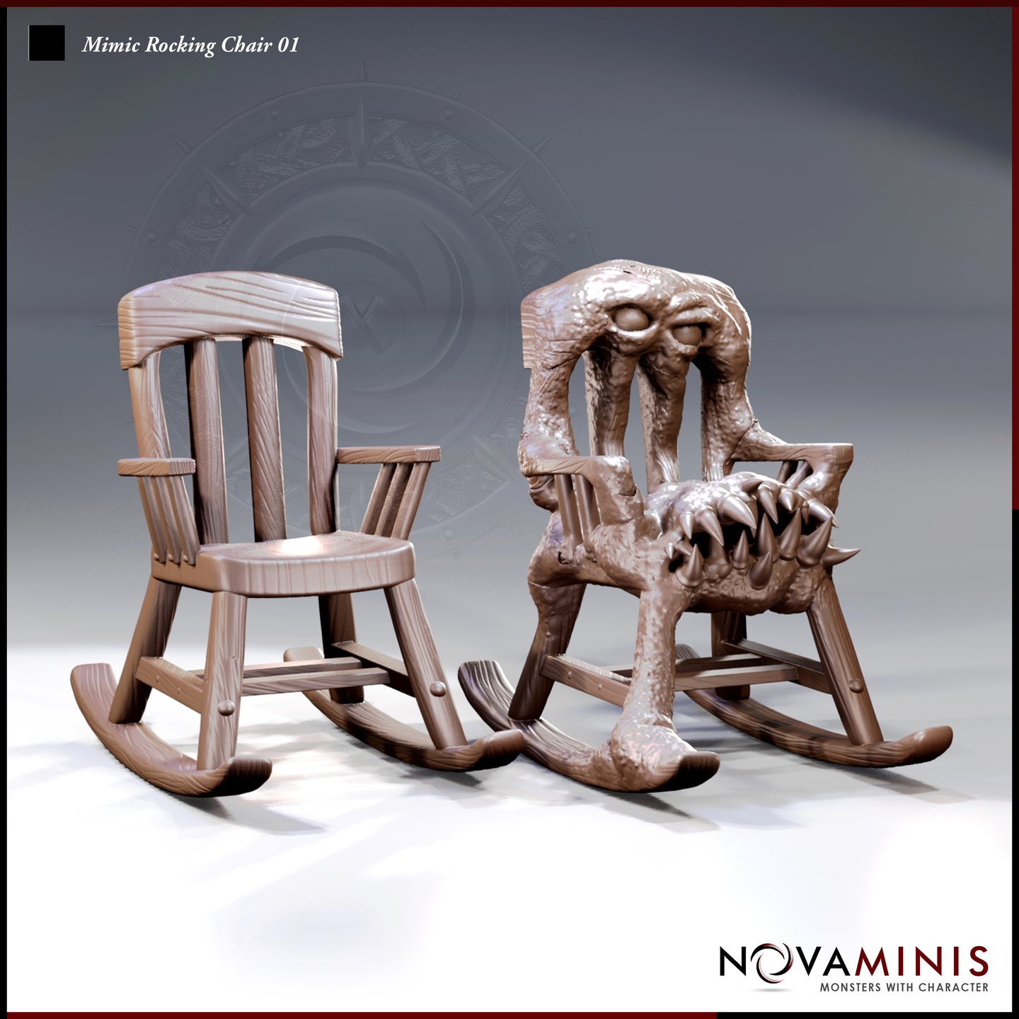 Two rocking chair mimic sculpts side by side — left is a clean wooden chair with detailed plank grain; right is revealed with bulging eyes, open tooth-filled maw, and fleshy distorted legs. Sculpt by Novaminis.