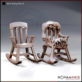 Two rocking chair mimic sculpts side by side — left is a clean wooden chair with detailed plank grain; right is revealed with bulging eyes, open tooth-filled maw, and fleshy distorted legs. Sculpt by Novaminis.