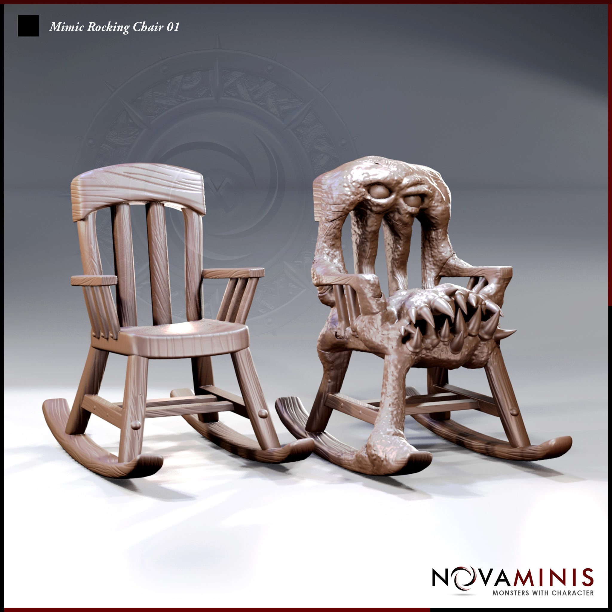 Two rocking chair mimic sculpts side by side — left is a clean wooden chair with detailed plank grain; right is revealed with bulging eyes, open tooth-filled maw, and fleshy distorted legs. Sculpt by Novaminis.