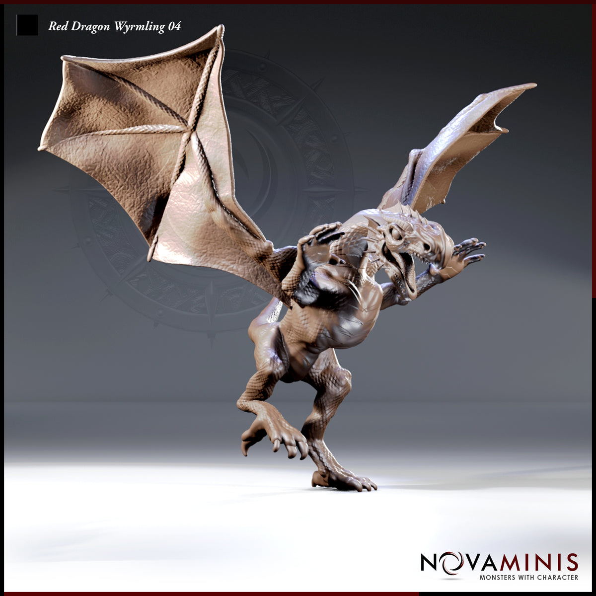 Red Dragon Wyrmling 04 by Novaminis — bipedal wyrmling lunging forward, wings spread wide, one clawed forearm raised, jaws open, detailed scale and wing membrane texture throughout.