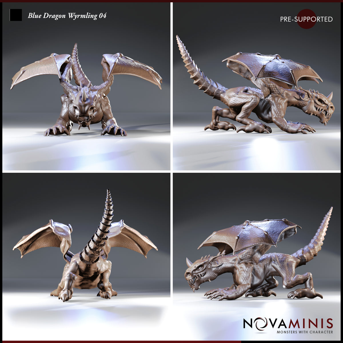Blue Dragon Wyrmling 04 by Novaminis — four-angle render showing the wyrmling from front, rear, and both sides: spiralling tail, leathery wing membranes, clawed feet splayed, snarling expression with bared teeth.
