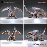 Blue Dragon Wyrmling 04 by Novaminis — four-angle render showing the wyrmling from front, rear, and both sides: spiralling tail, leathery wing membranes, clawed feet splayed, snarling expression with bared teeth.
