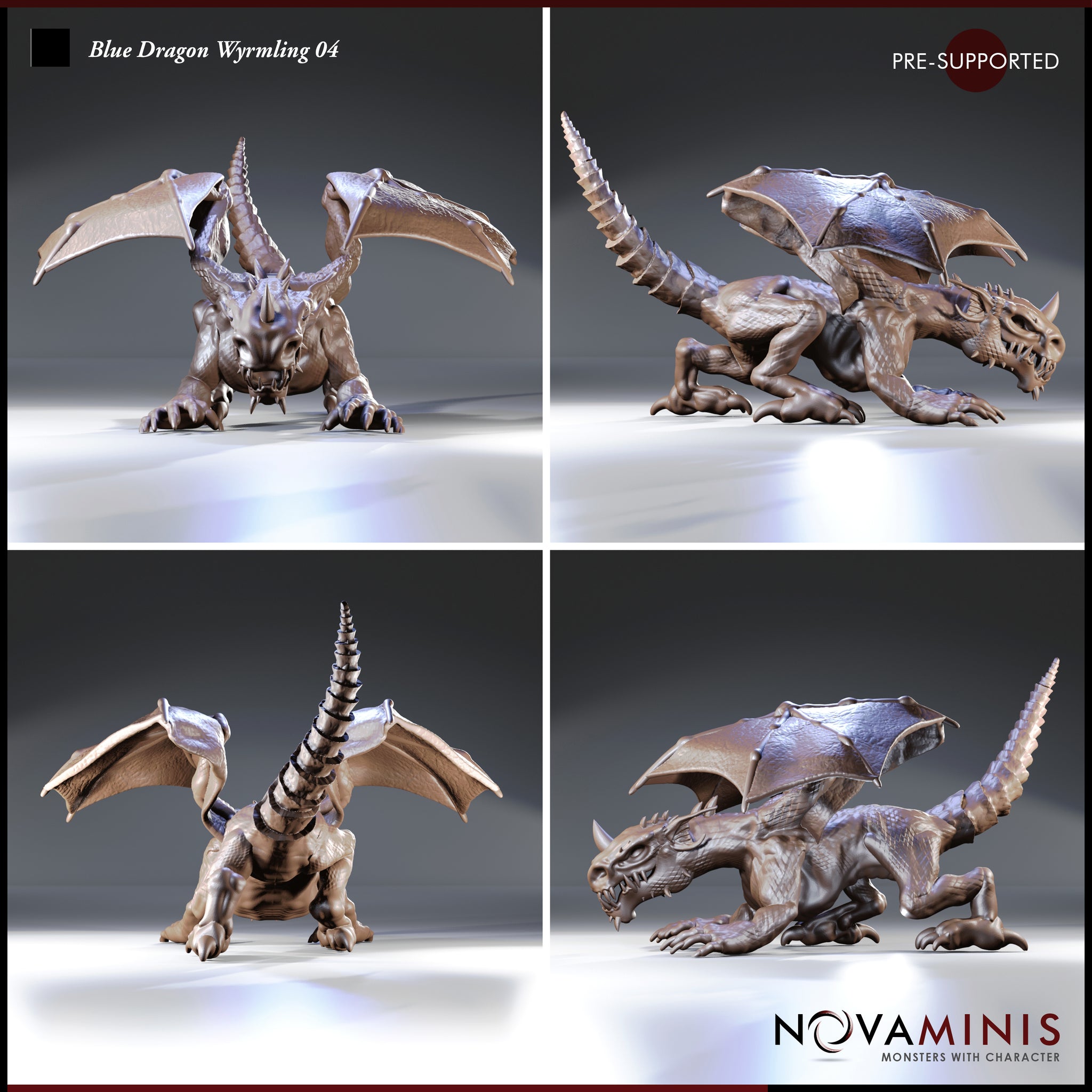 Blue Dragon Wyrmling 04 by Novaminis — four-angle render showing the wyrmling from front, rear, and both sides: spiralling tail, leathery wing membranes, clawed feet splayed, snarling expression with bared teeth.