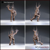 Manes Vaporspawn 01 by Novaminis — four-angle turntable view showing the tendril eruptions across the back and sides, boil-textured skin, clawed hands, and the creature's mid-stride aggressive lean.