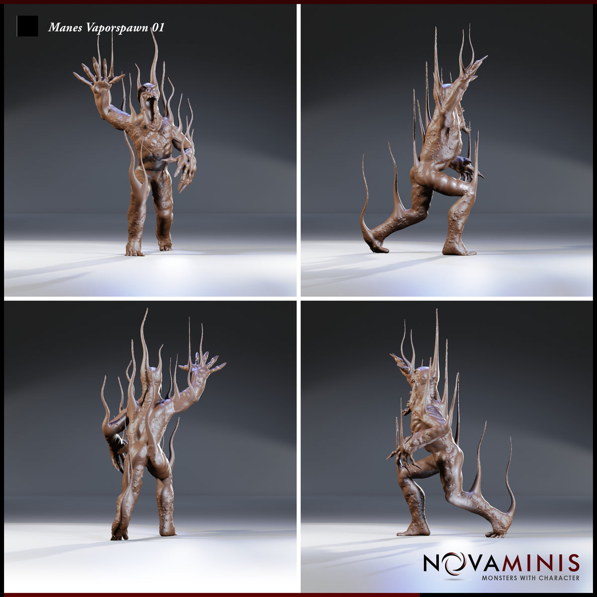 Manes Vaporspawn 01 by Novaminis — four-angle turntable view showing the tendril eruptions across the back and sides, boil-textured skin, clawed hands, and the creature's mid-stride aggressive lean.