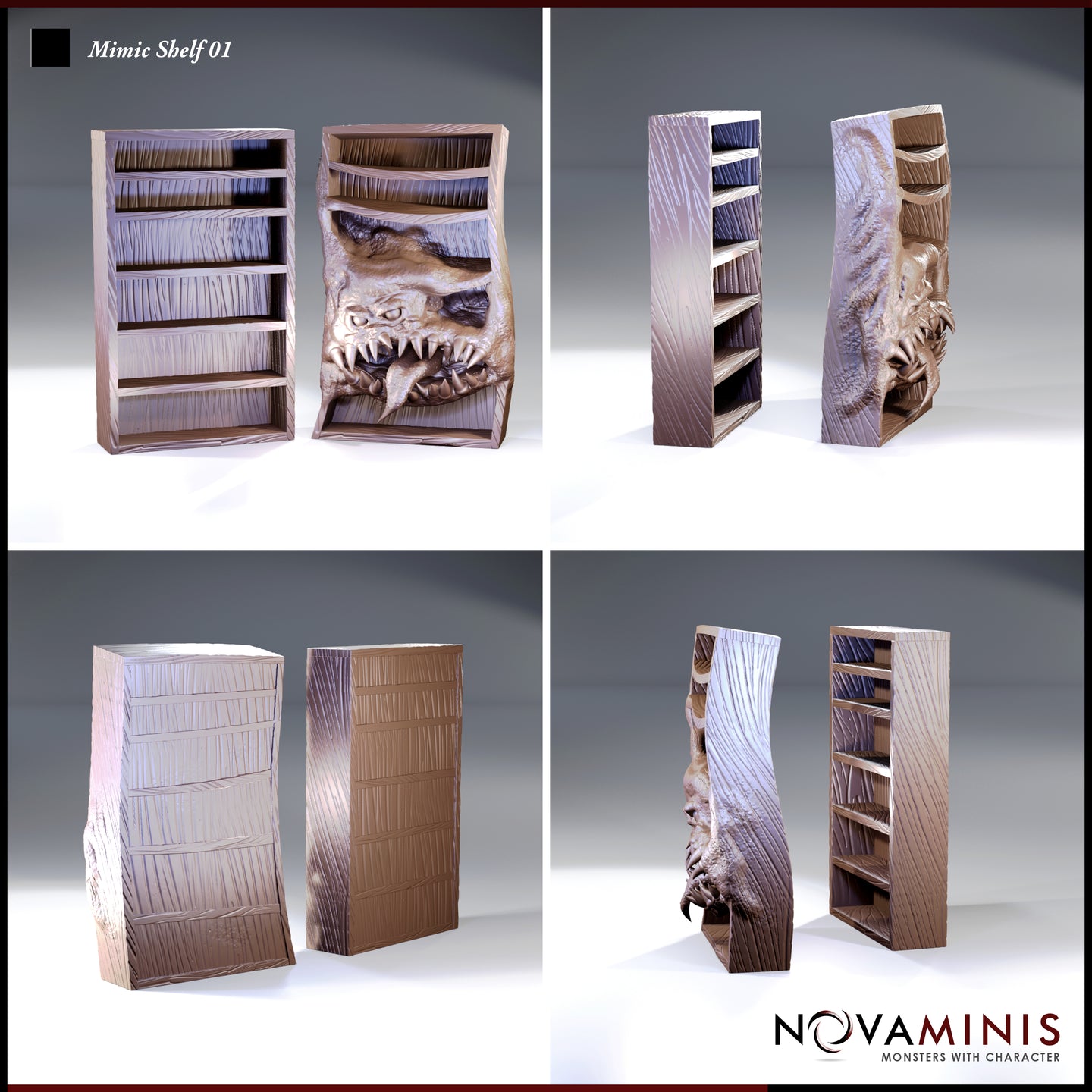 Mimic Shelf 01 by Novaminis — four-angle composite showing the bookcase sculpt from multiple perspectives, revealing the smooth flat back panel, the rippling distorted side profile, and the grotesque fanged face erupting from within the warped shelf interior.