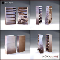 Mimic Shelf 01 by Novaminis — four-angle composite showing the bookcase sculpt from multiple perspectives, revealing the smooth flat back panel, the rippling distorted side profile, and the grotesque fanged face erupting from within the warped shelf interior.