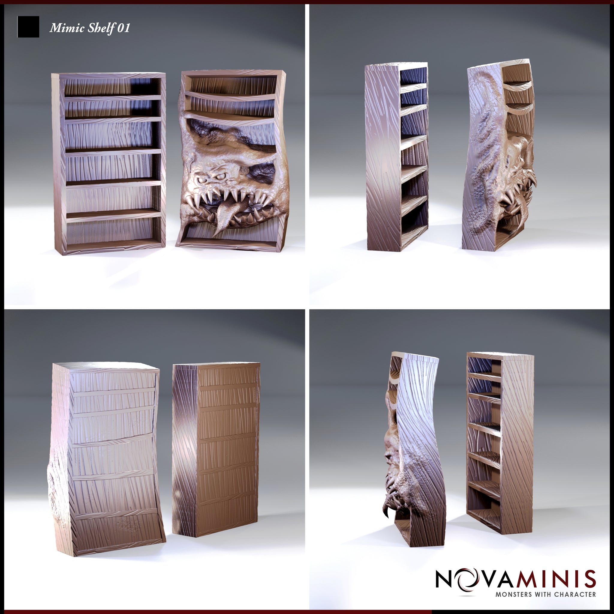Mimic Shelf 01 by Novaminis — four-angle composite showing the bookcase sculpt from multiple perspectives, revealing the smooth flat back panel, the rippling distorted side profile, and the grotesque fanged face erupting from within the warped shelf interior.