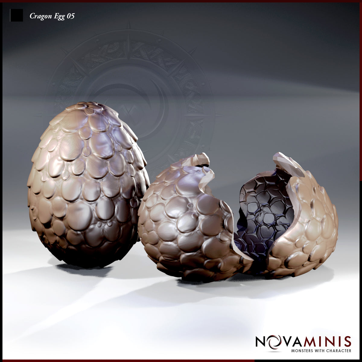 Three dragon egg pieces by Novaminis: one large intact scaled egg, one smaller cracked egg with jagged shell lip, and one hollow open shell showing textured interior.