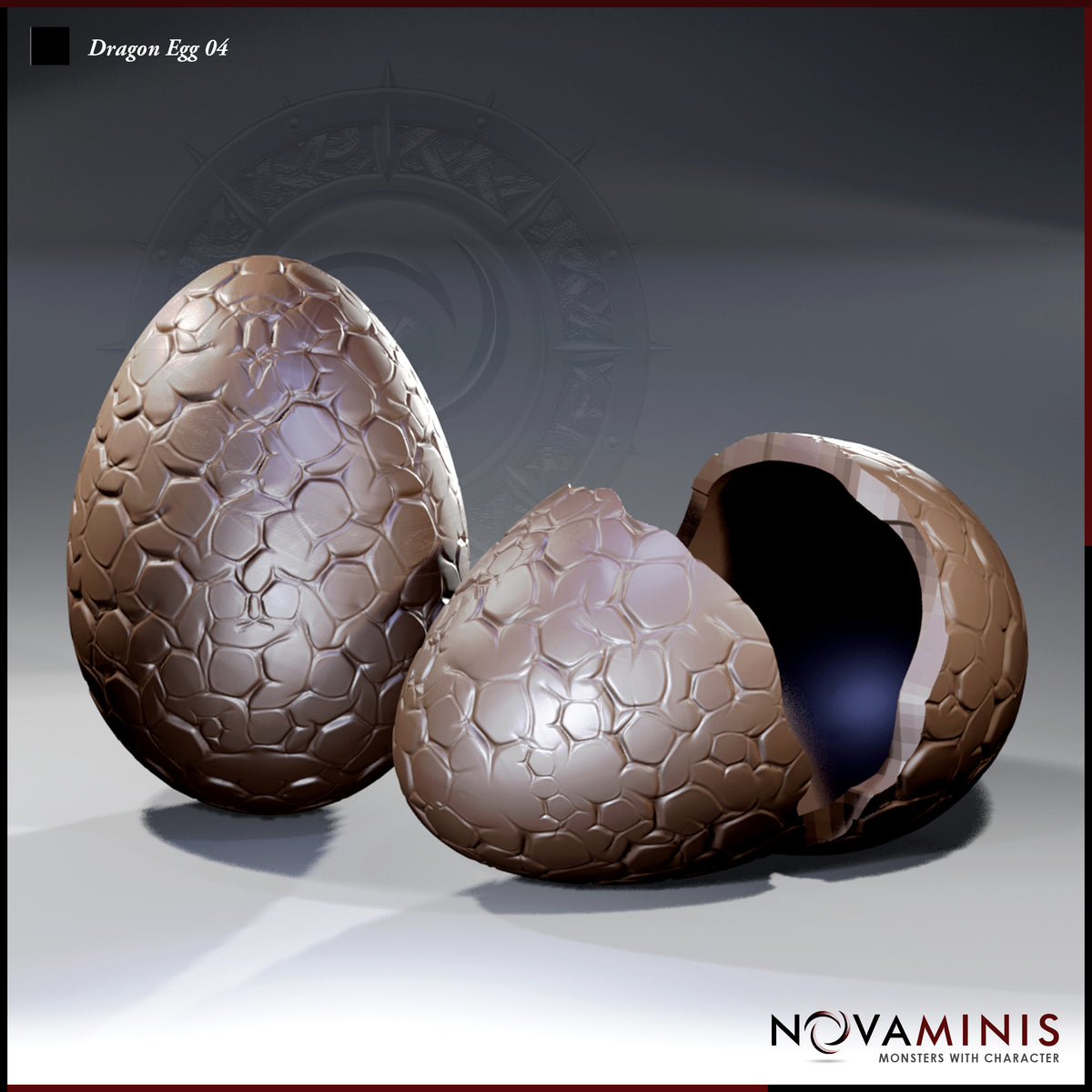 Two Novaminis dragon egg sculpts side by side — one intact with tessellated scale-plate texture across the whole shell, one cracked open with a hollow dark interior and broken rim.