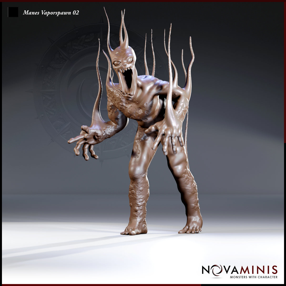 Manes Vaporspawn 02 by Novaminis — a gaunt, humanoid demon standing upright, arms thrust forward with splayed many-fingered claws, jaw stretched wide in a silent howl, with a crown of long jagged tendrils erupting from its skull.