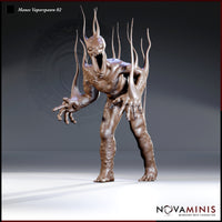Manes Vaporspawn 02 by Novaminis — a gaunt, humanoid demon standing upright, arms thrust forward with splayed many-fingered claws, jaw stretched wide in a silent howl, with a crown of long jagged tendrils erupting from its skull.
