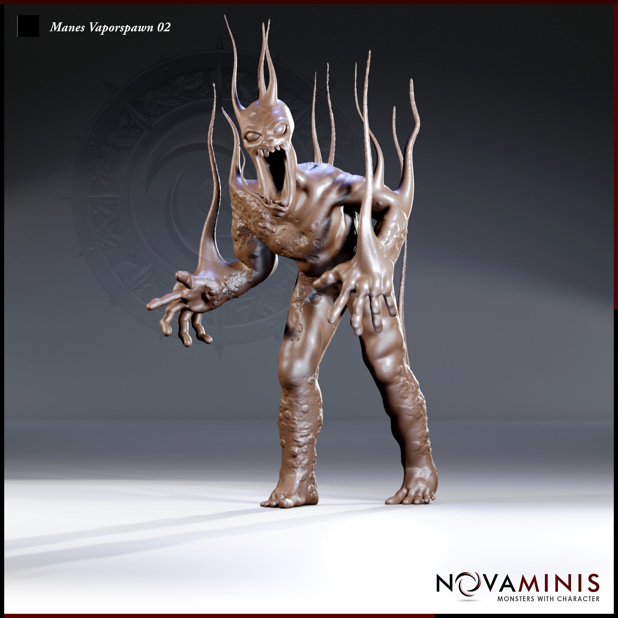 Manes Vaporspawn 02 by Novaminis — a gaunt, humanoid demon standing upright, arms thrust forward with splayed many-fingered claws, jaw stretched wide in a silent howl, with a crown of long jagged tendrils erupting from its skull.