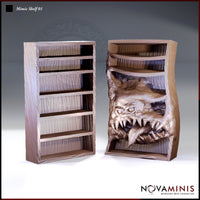Mimic Shelf 01 by Novaminis — two bookcase sculpts side by side: left shows a plain wooden shelf unit with horizontal shelves and wood-grain texture; right shows the same bookcase transformed, with a snarling fanged creature face and clawed limbs bursting through the warped wooden frame.