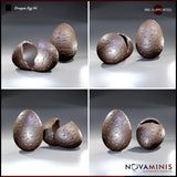 Four-panel render of the Novaminis Dragon Egg 04 sculpts showing the intact egg and the cracked hollow egg from multiple distances, highlighting the interlocking polygonal scale texture on both shells.