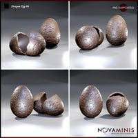 Four-panel render of the Novaminis Dragon Egg 04 sculpts showing the intact egg and the cracked hollow egg from multiple distances, highlighting the interlocking polygonal scale texture on both shells.