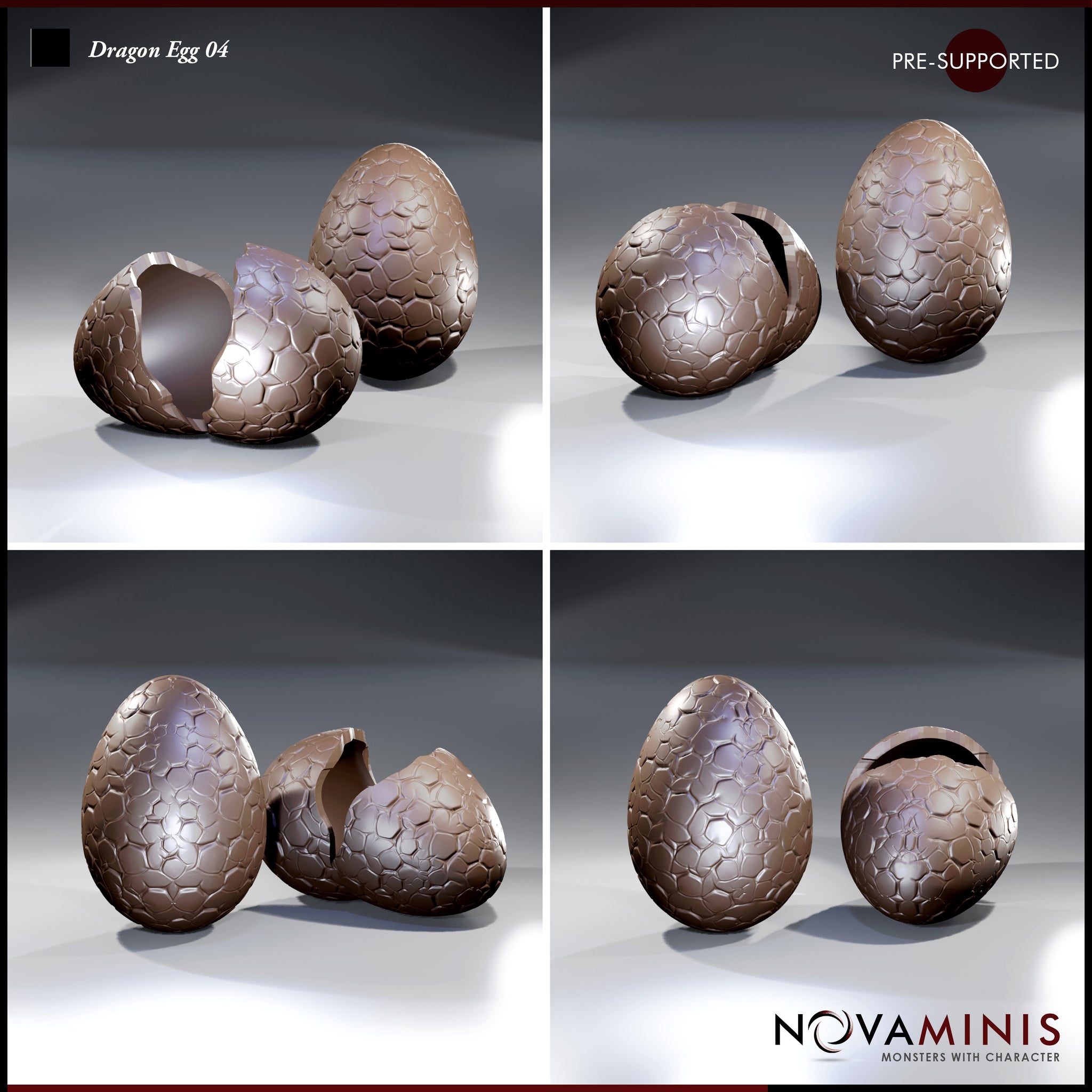 Four-panel render of the Novaminis Dragon Egg 04 sculpts showing the intact egg and the cracked hollow egg from multiple distances, highlighting the interlocking polygonal scale texture on both shells.
