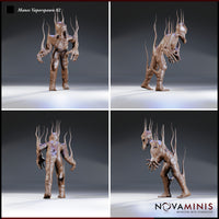 Manes Vaporspawn 02 by Novaminis — four-angle view of the same gaunt demon sculpt, showing the crown of erupting tendrils from all sides, distorted proportions, pustule-textured skin, and the outstretched reaching claw detail.