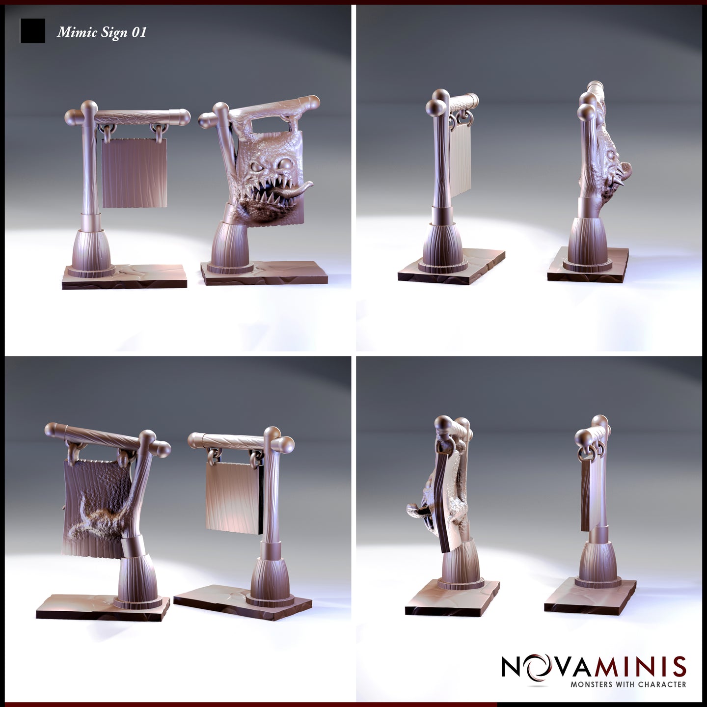 Six angles of the two mimic sign sculpts — the dormant version shows smooth wood-grain board hanging from chains on a timber frame; the revealed version exposes warty hide, a bulging eye, and a wide open jaw full of uneven teeth. Sculpts by Novaminis.