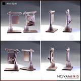 Six angles of the two mimic sign sculpts — the dormant version shows smooth wood-grain board hanging from chains on a timber frame; the revealed version exposes warty hide, a bulging eye, and a wide open jaw full of uneven teeth. Sculpts by Novaminis.