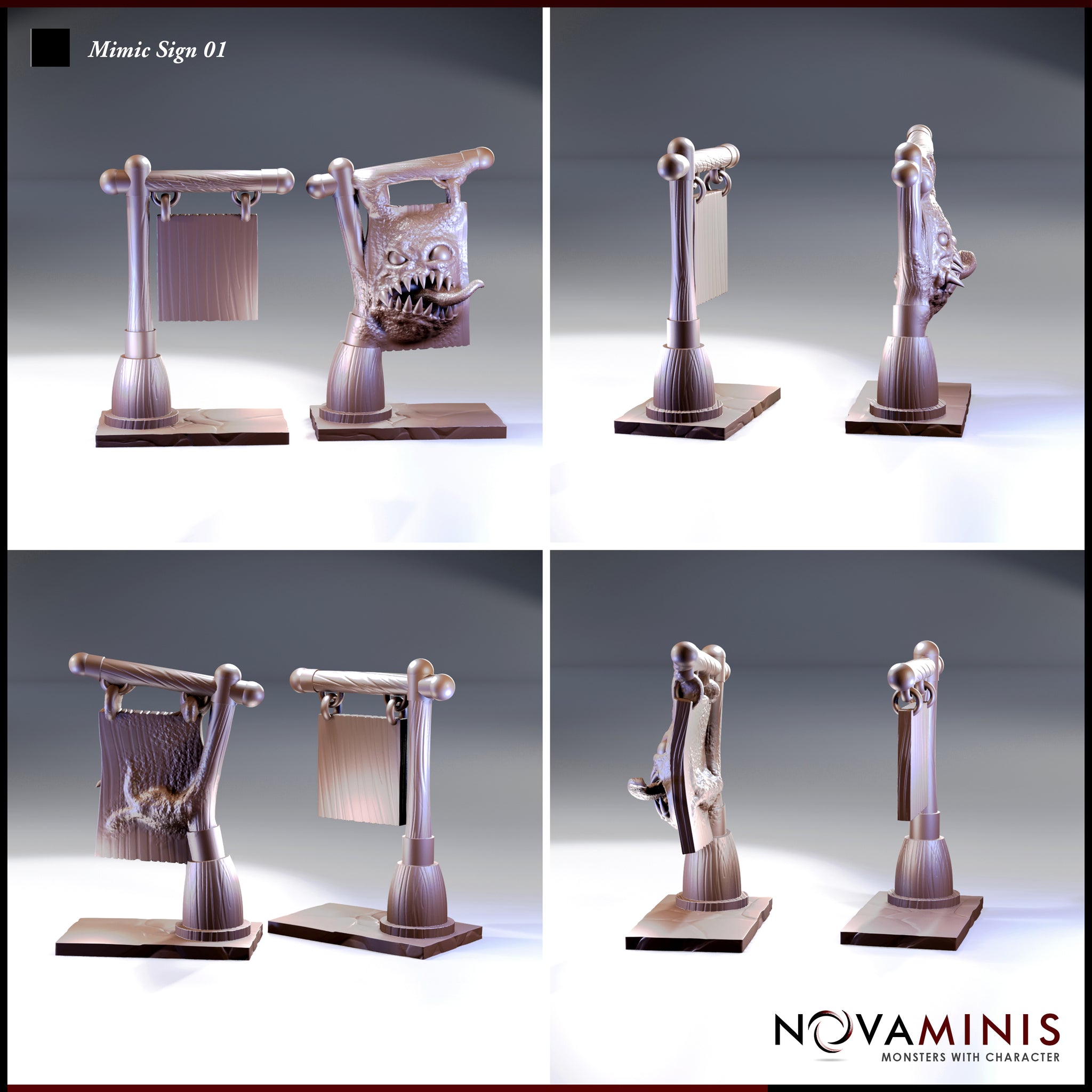 Six angles of the two mimic sign sculpts — the dormant version shows smooth wood-grain board hanging from chains on a timber frame; the revealed version exposes warty hide, a bulging eye, and a wide open jaw full of uneven teeth. Sculpts by Novaminis.