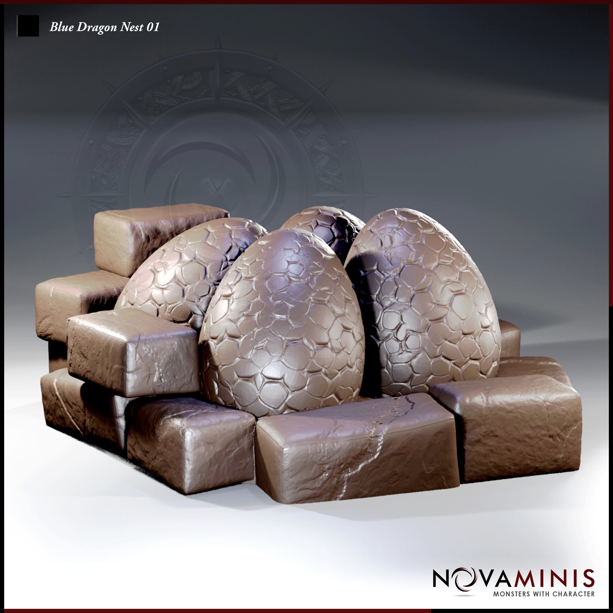 Three large dragon eggs with hexagonal scale texture, clustered among rough worn stone blocks. Each egg leans at a slightly different angle. Sculpt by Novaminis.