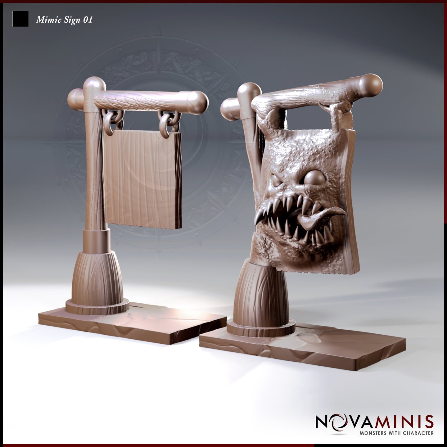 Two mimic sign scatter terrain sculpts side by side — left shows a plain wooden hanging sign on a post, right shows the same sign transformed into a snarling creature with wide eye, jagged teeth and lolling tongue. Sculpts by Novaminis.