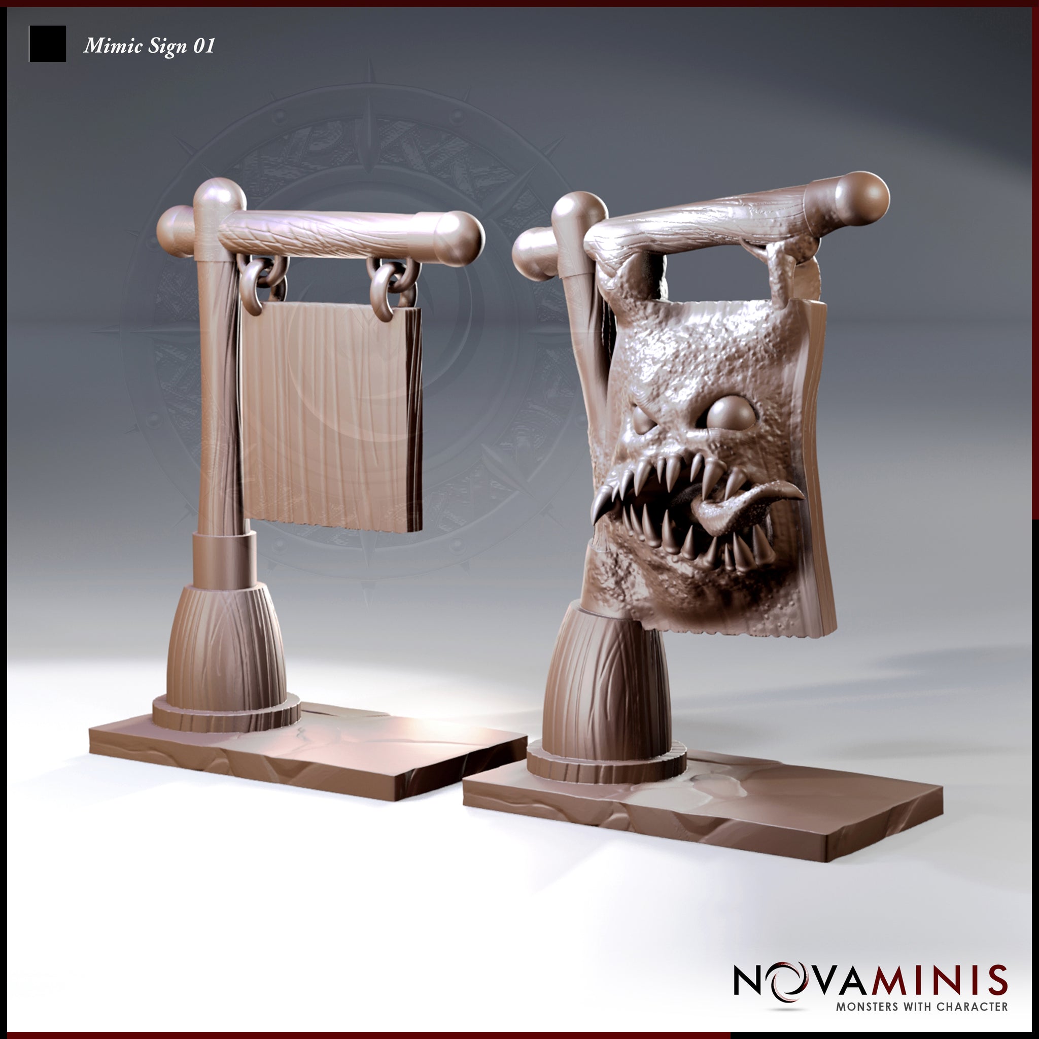 Two mimic sign scatter terrain sculpts side by side — left shows a plain wooden hanging sign on a post, right shows the same sign transformed into a snarling creature with wide eye, jagged teeth and lolling tongue. Sculpts by Novaminis.