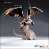 Shadow Demon miniature by Novaminis — winged fiend surging upward, wide ragged wings spread, long clawed arms reaching forward, fanged maw open, antler-like horns, sinuous tail below.