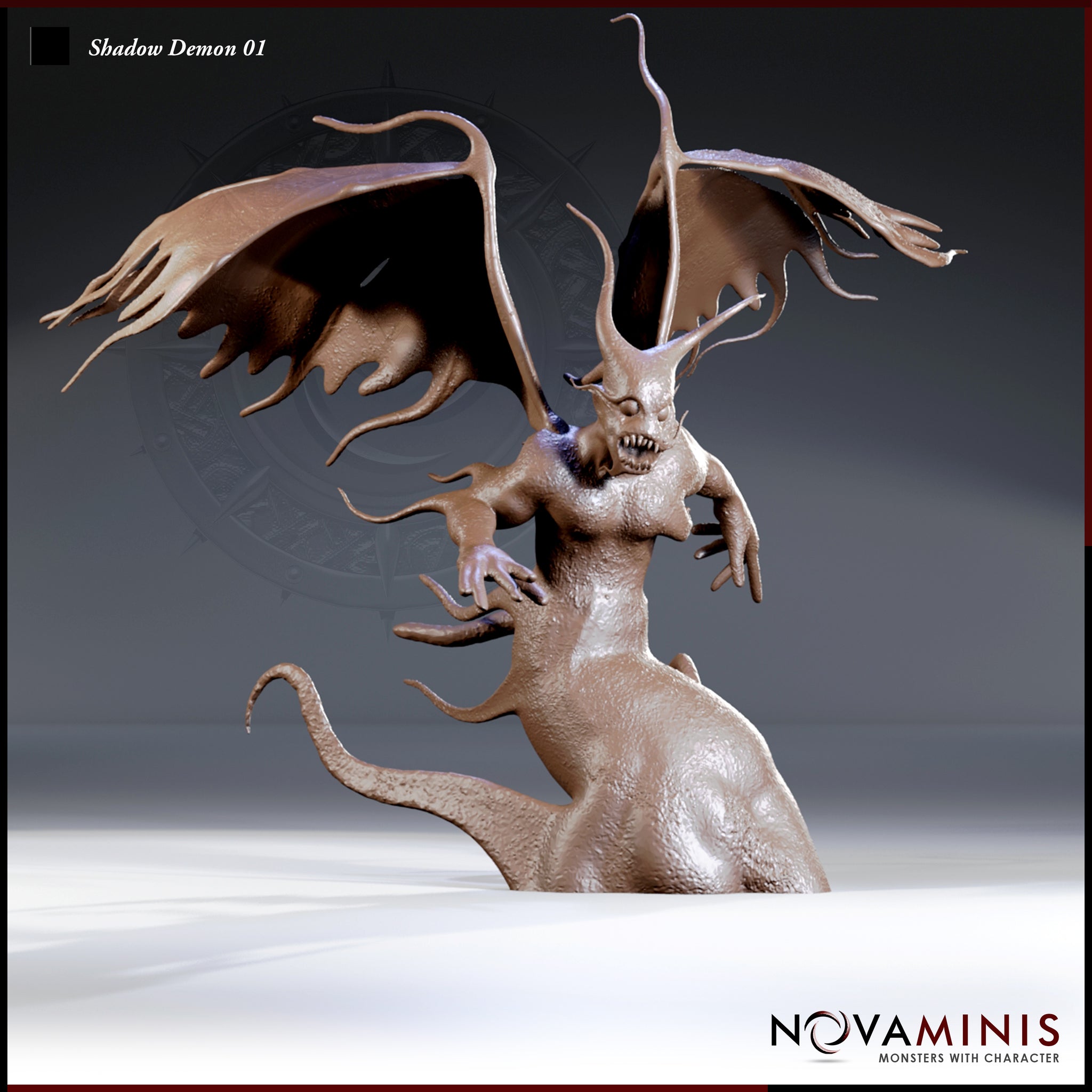 Shadow Demon miniature by Novaminis — winged fiend surging upward, wide ragged wings spread, long clawed arms reaching forward, fanged maw open, antler-like horns, sinuous tail below.