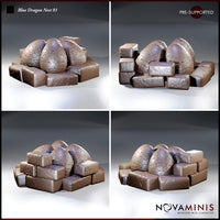 Four-panel render showing a dragon egg nest terrain piece from multiple directions — three scaled eggs surrounded by chunky weathered stone blocks. Sculpt by Novaminis.