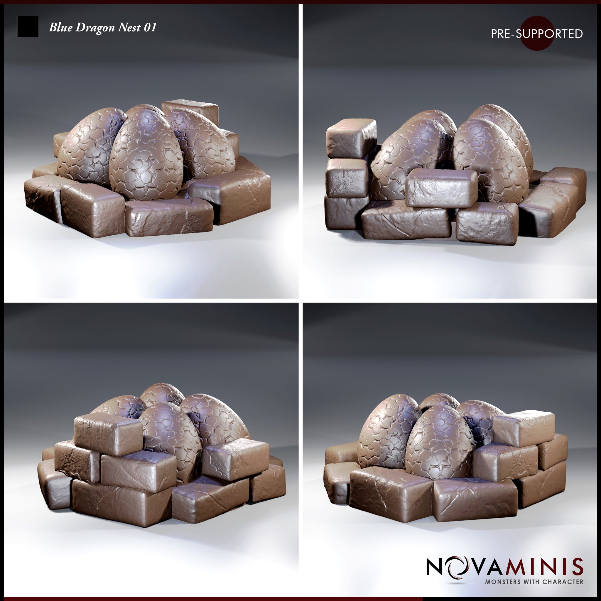 Four-panel render showing a dragon egg nest terrain piece from multiple directions — three scaled eggs surrounded by chunky weathered stone blocks. Sculpt by Novaminis.