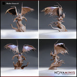 Shadow Demon by Novaminis shown from four angles — wide wings, elongated clawed limbs, fanged head with swept horns, lean torso rising from a coiling lower body, frayed wing membranes visible.