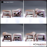 Novaminis Mimic Square Table 01 — four angles showing the dormant table sculpt and the revealed creature form with wide open jaws, textured wood-grain tabletop, and four sturdy legs on both versions.