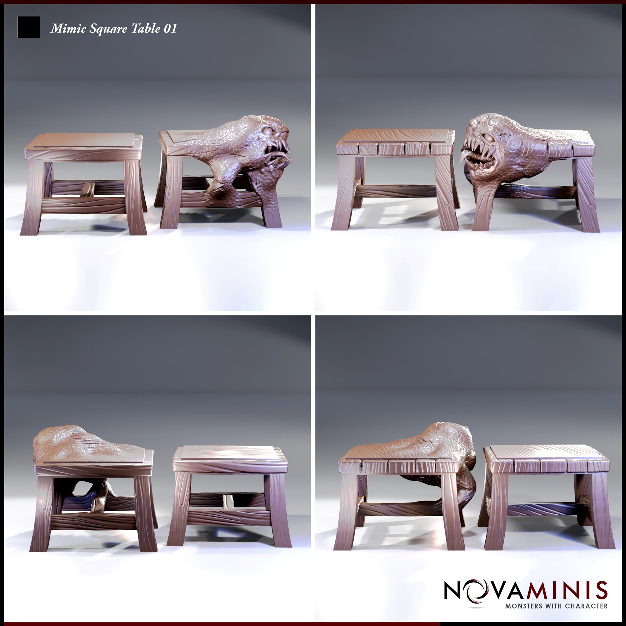 Novaminis Mimic Square Table 01 — four angles showing the dormant table sculpt and the revealed creature form with wide open jaws, textured wood-grain tabletop, and four sturdy legs on both versions.