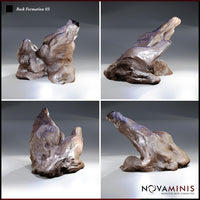 Rock formation with a sharply angled upper spire, layered flanks showing cracked fissures and worn hollows, and a wide irregular base. Four angles showing the full sculptural profile. Sculpt by Novaminis.