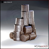 Cluster of crumbling stone columns, some stacked vertically in a jagged broken tower, others rolled at the base, with deep stress fractures and rough broken ends throughout. Sculpt by Novaminis.