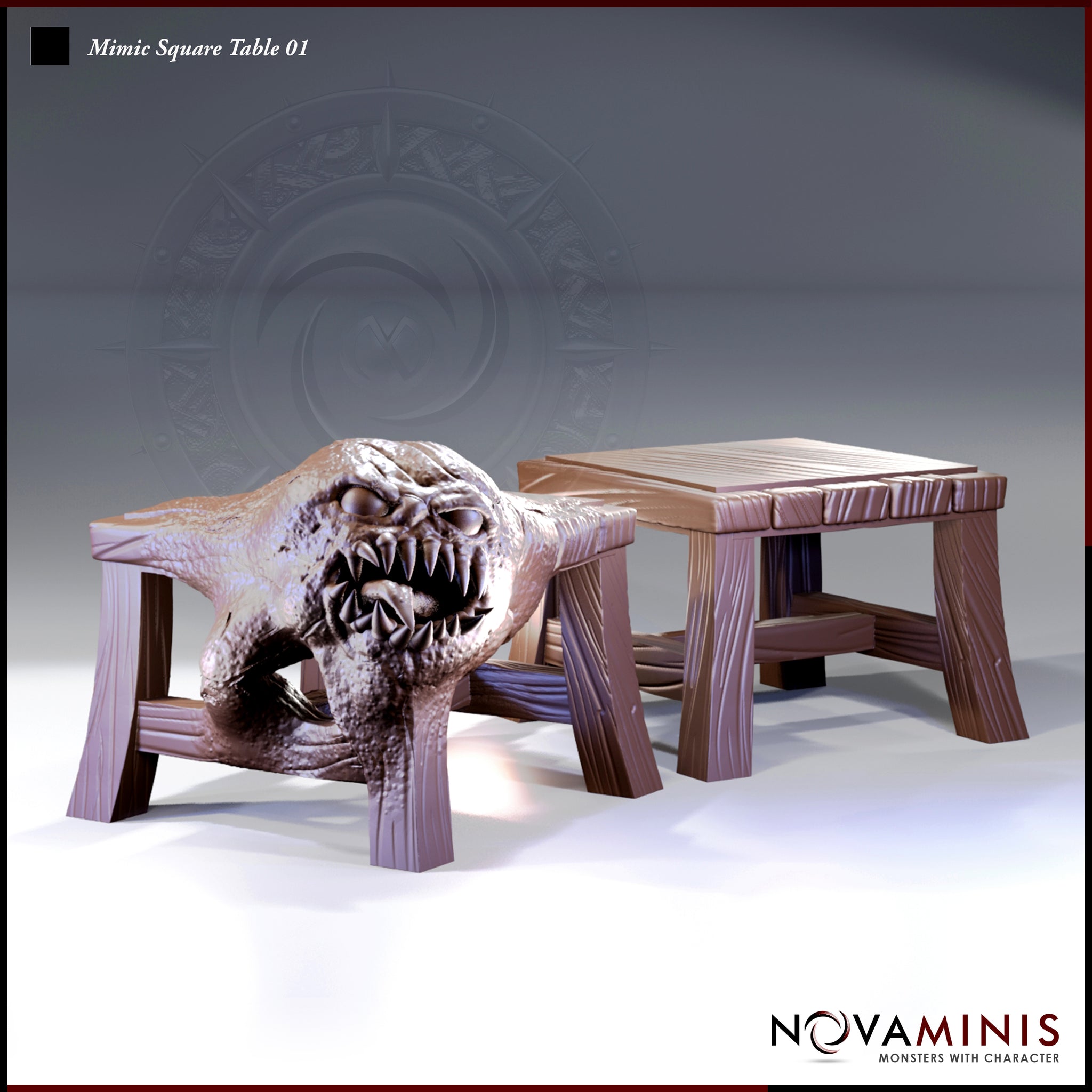 Novaminis Mimic Square Table 01 — revealed state with gaping toothed maw and bulging eyes lunging forward, beside an identical dormant table with plain wood-grain surface.