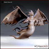 Shadow Demon 02 by Novaminis — winged fiend with ragged bat-wings spread wide, clawed arms outstretched, horned head raised, body dissolving into trailing shadow tendrils below.