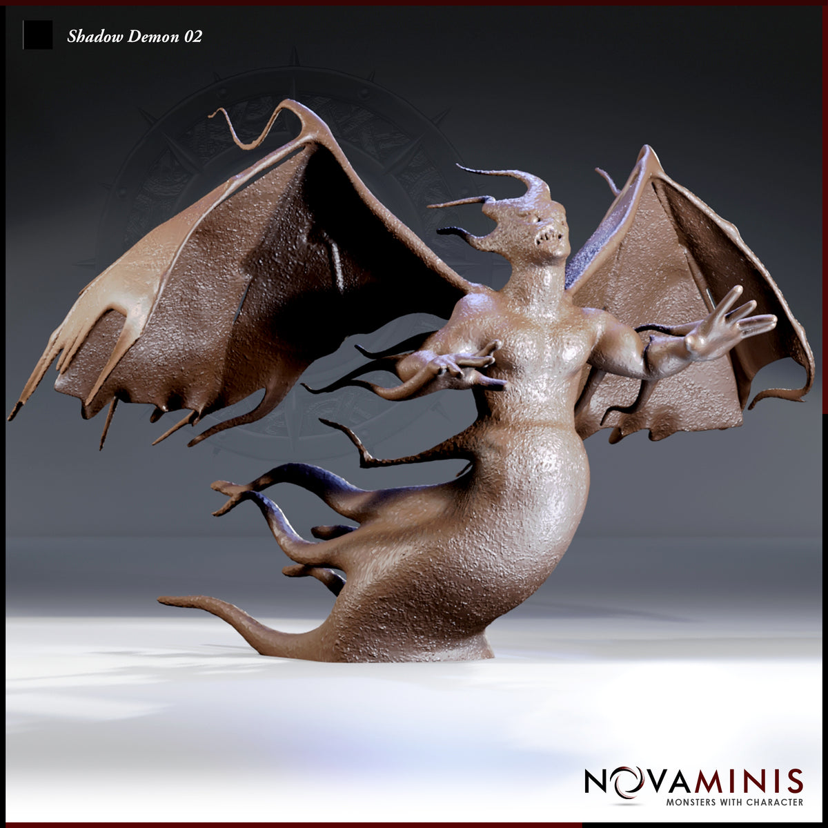 Shadow Demon 02 by Novaminis — winged fiend with ragged bat-wings spread wide, clawed arms outstretched, horned head raised, body dissolving into trailing shadow tendrils below.