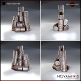 Four-angle view of a fallen column scatter terrain piece showing stacked broken segments at varying heights with tumbled cylindrical pieces at the base, heavy surface cracking visible. Sculpt by Novaminis.
