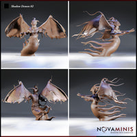 Shadow Demon 02 by Novaminis — four-angle view showing torn wing membranes, grasping clawed hands, open snarling mouth, and smoky lower body with whipping shadow tendrils extending outward.