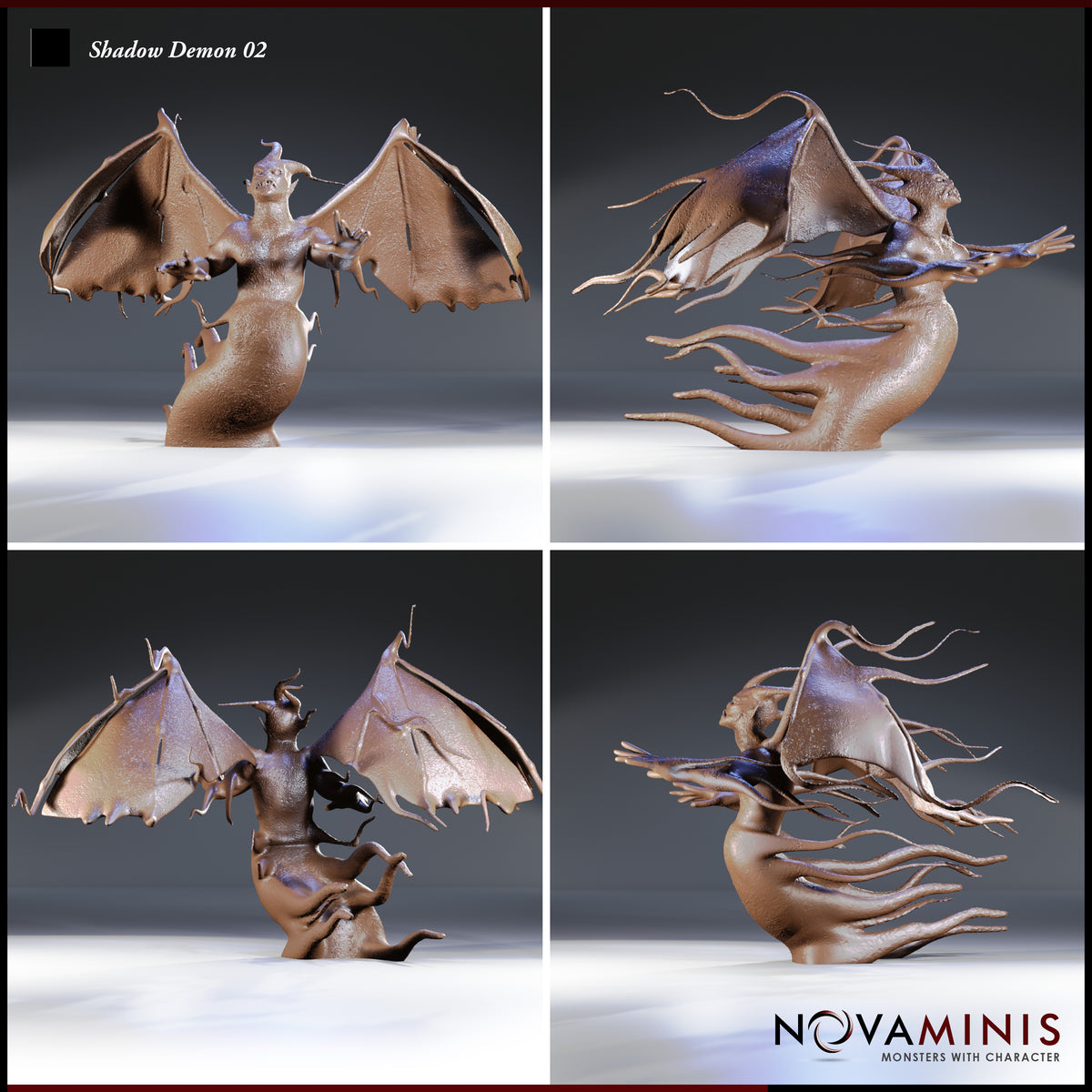 Shadow Demon 02 by Novaminis — four-angle view showing torn wing membranes, grasping clawed hands, open snarling mouth, and smoky lower body with whipping shadow tendrils extending outward.