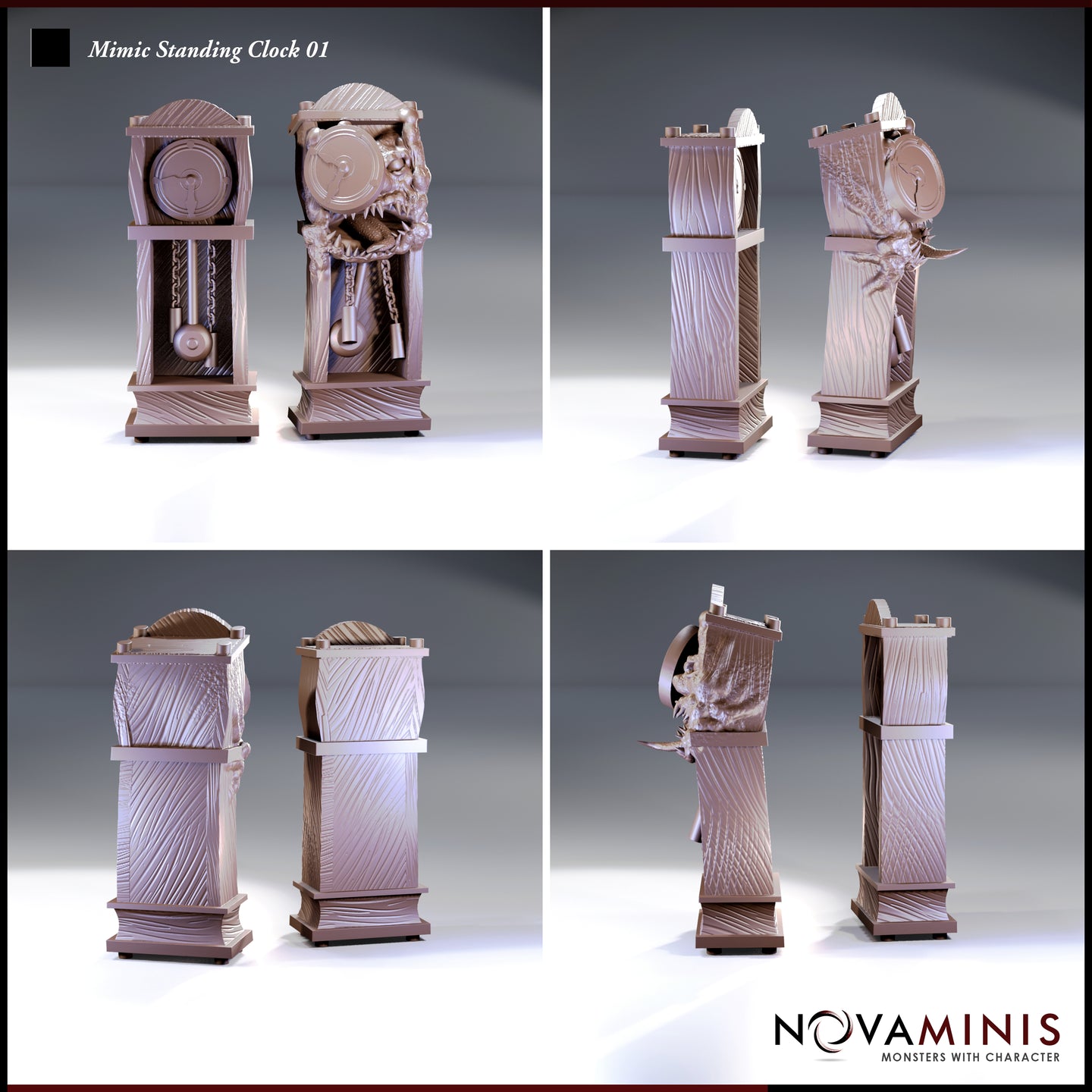 Novaminis Mimic Standing Clock 01 — four-angle composite showing the closed disguise state from front and sides, and the open revealed state with the creature's jaw erupting from the cabinet body, clawed tongue visible and teeth bared.