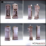 Novaminis Mimic Standing Clock 01 — four-angle composite showing the closed disguise state from front and sides, and the open revealed state with the creature's jaw erupting from the cabinet body, clawed tongue visible and teeth bared.