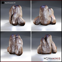 Four angles of a craggy three-pillar rock cluster showing its broad, low base mass and deeply grooved crevices between columns. Rough, uneven surface texture visible across all faces. Sculpt by Novaminis.