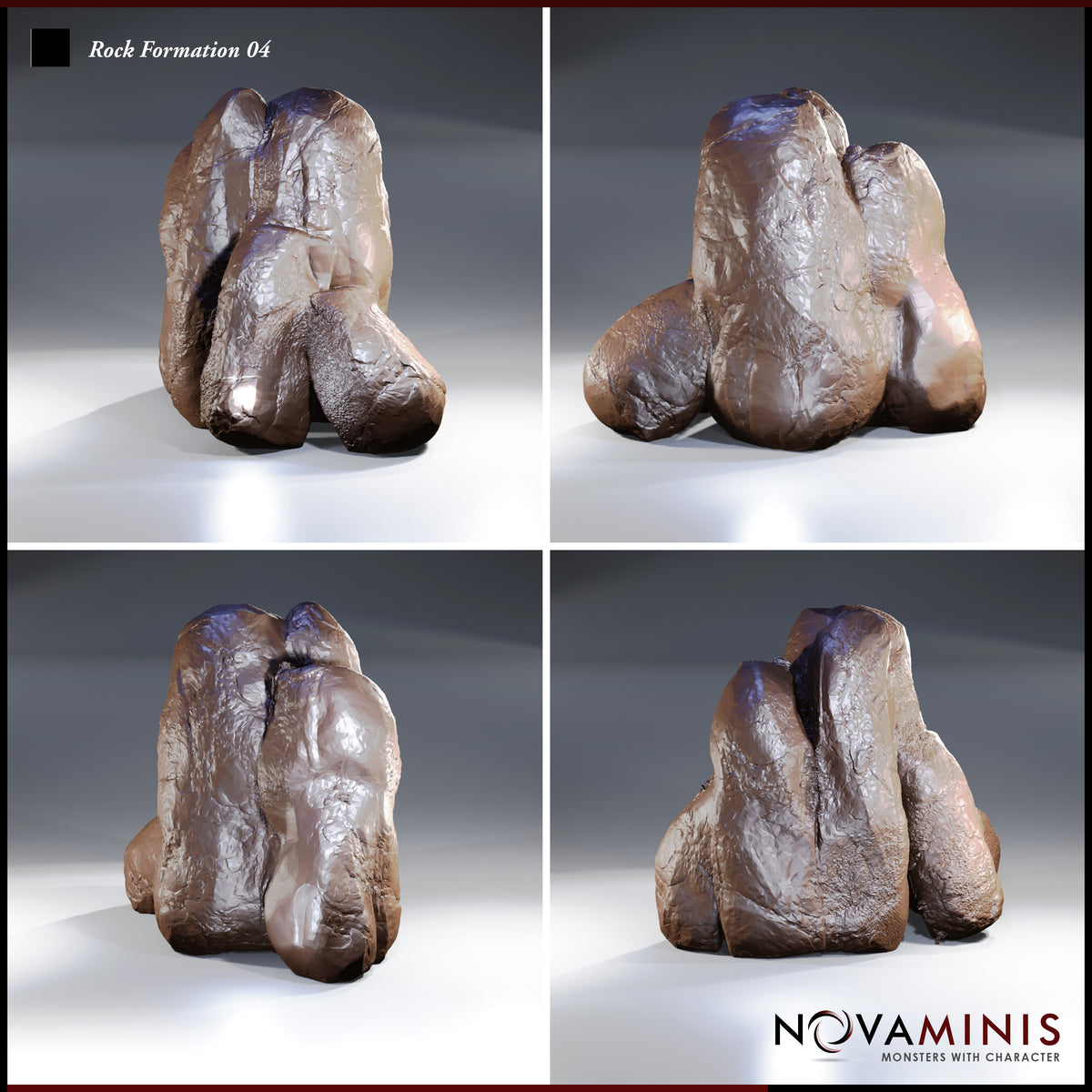 Four angles of a craggy three-pillar rock cluster showing its broad, low base mass and deeply grooved crevices between columns. Rough, uneven surface texture visible across all faces. Sculpt by Novaminis.